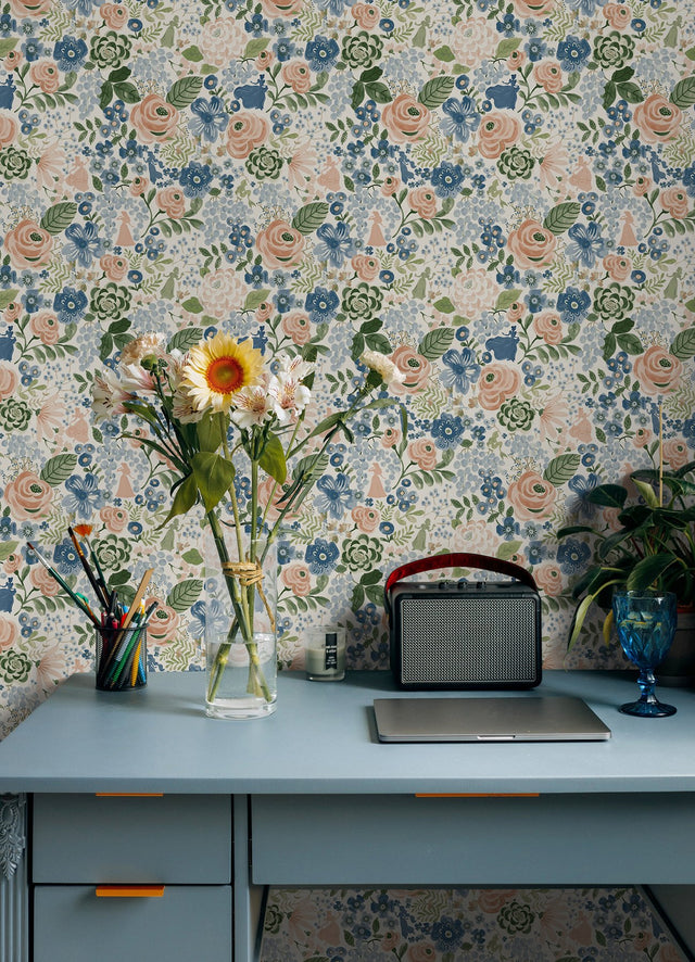 Disney Princess Blue Watercolor Floral Peel & Stick Wallpaper with Botanical Floral Pattern - RoomMates RMK12793PLW