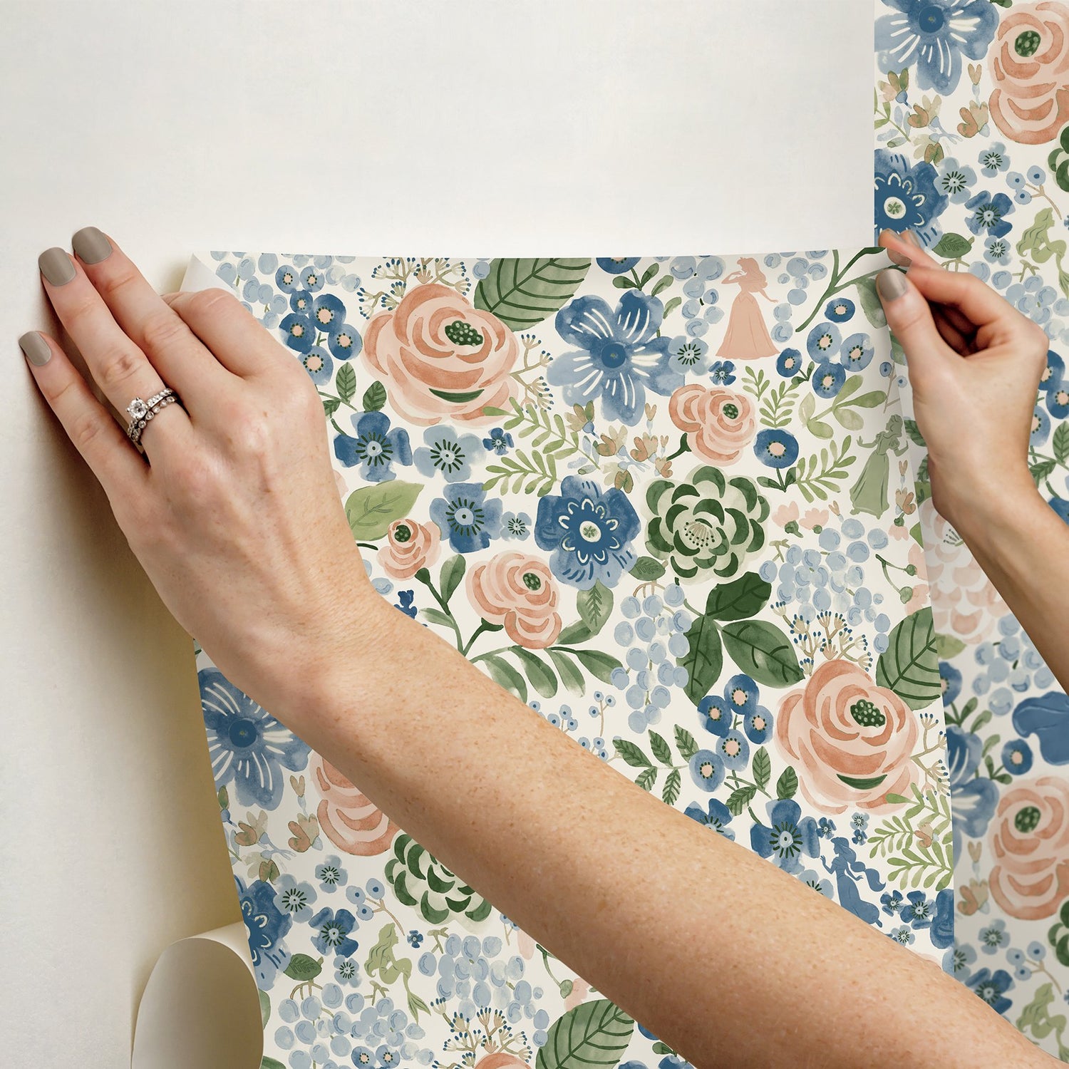 Disney Princess Blue Watercolor Floral Peel & Stick Wallpaper with Botanical Floral Pattern - RoomMates RMK12793PLW