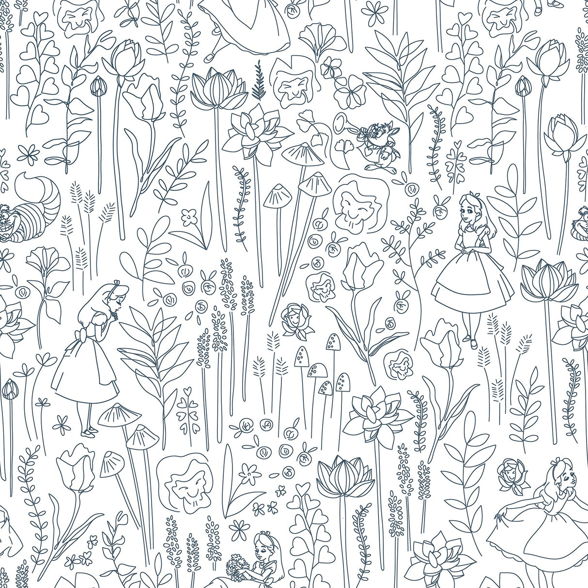 Disney Alice in Wonderland Navy Garden Peel & Stick Wallpaper with Botanical Floral Linework - York RMK12799PLW