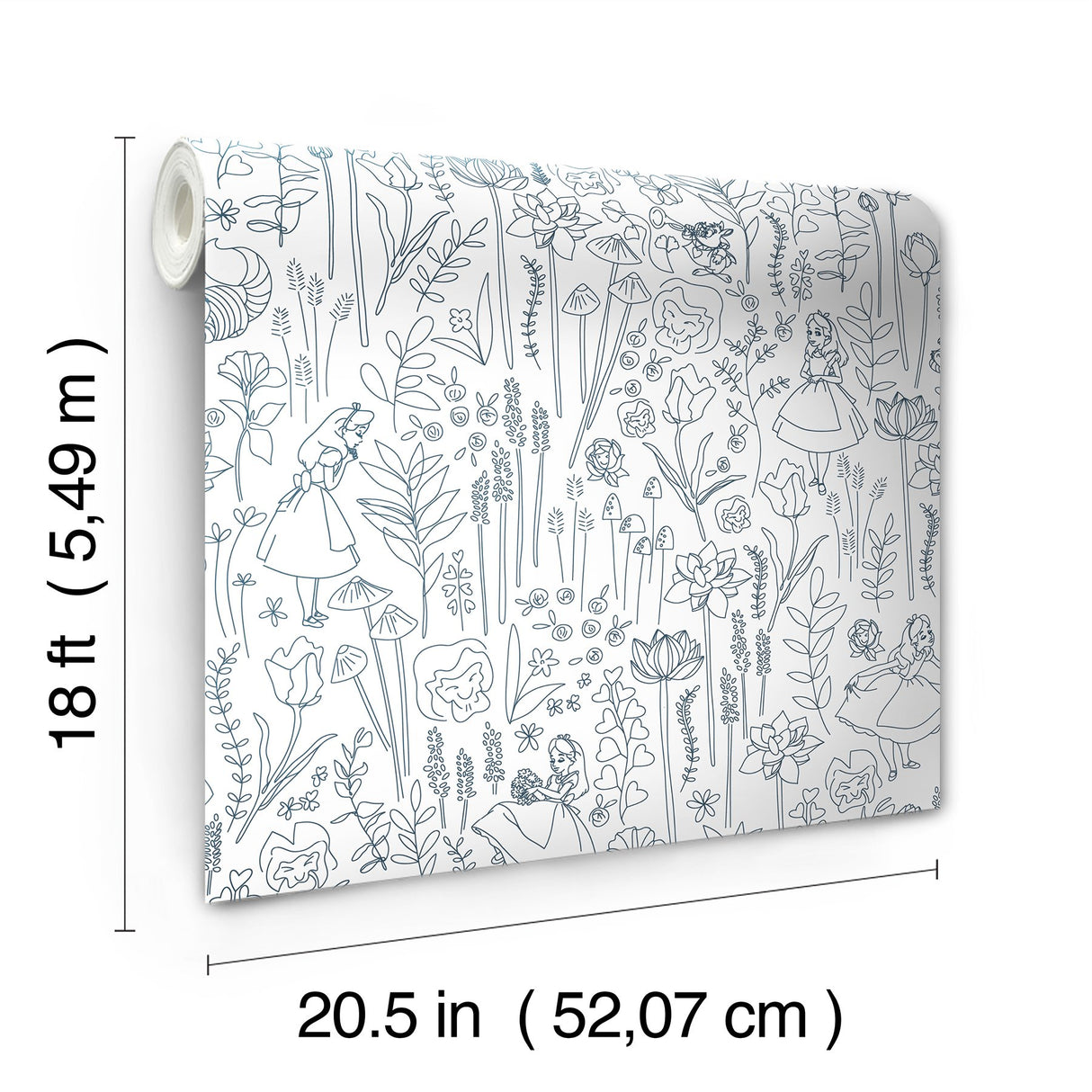Disney Alice in Wonderland Navy Garden Peel & Stick Wallpaper with Botanical Floral Linework - York RMK12799PLW