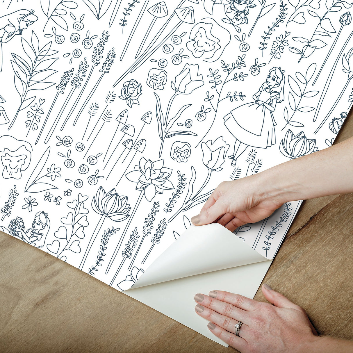 Disney Alice in Wonderland Navy Garden Peel & Stick Wallpaper with Botanical Floral Linework - York RMK12799PLW