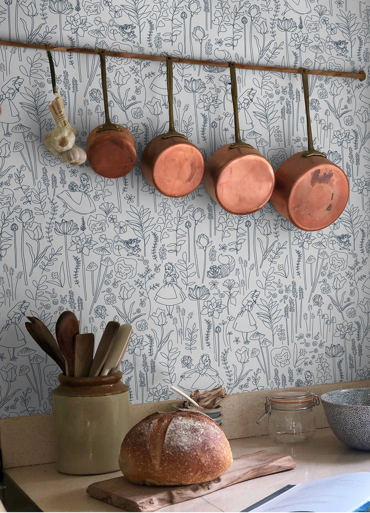 Disney Alice in Wonderland Navy Garden Peel & Stick Wallpaper with Botanical Floral Linework - York RMK12799PLW