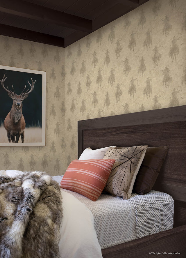 Yellowstone Stockman Silhouette Beige Peel & Stick Wallpaper with Western Cowboy Motif - York RMK12803PLW