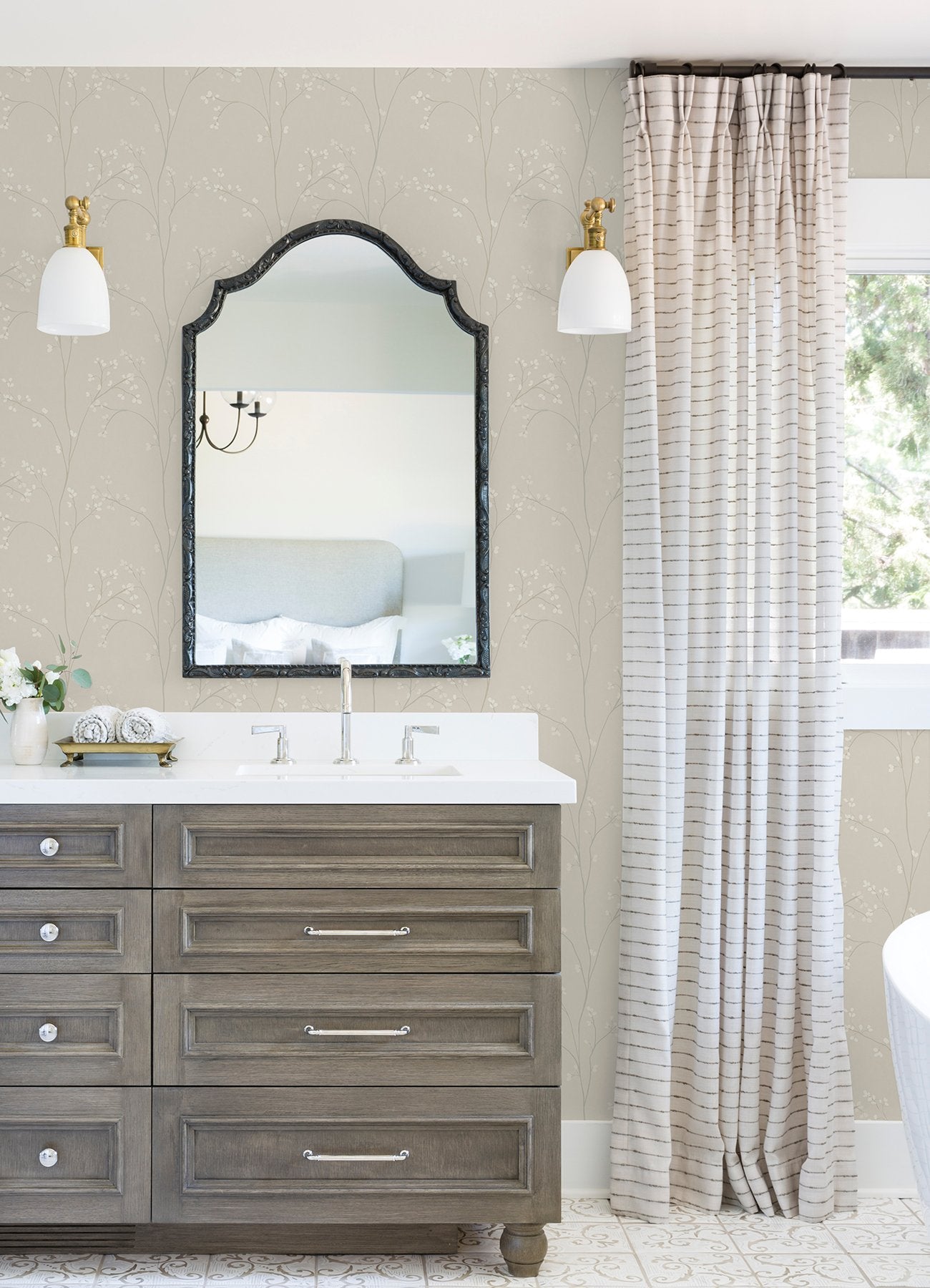 Blossom Stripe Cream Peel & Stick Wallpaper with Floral Branch Pattern - York RMK12807PL