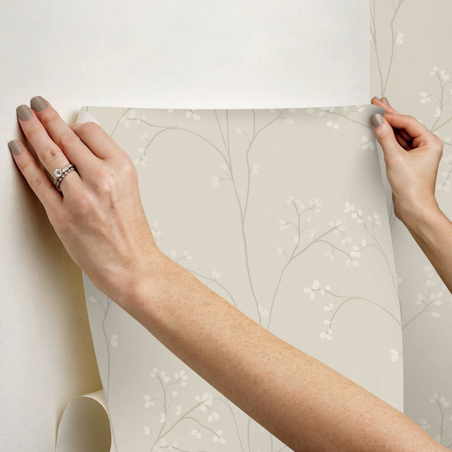 Blossom Stripe Cream Peel & Stick Wallpaper with Floral Branch Pattern - York RMK12807PL