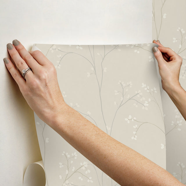 Blossom Stripe Cream Peel & Stick Wallpaper with Floral Branch Pattern - York RMK12807PL