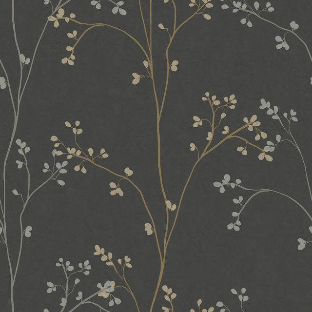 Blossom Stripe Black Peel & Stick Wallpaper with Floral Cherry Blossom Motif - York RMK12808PL