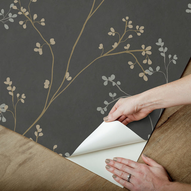 Blossom Stripe Black Peel & Stick Wallpaper with Floral Cherry Blossom Motif - York RMK12808PL
