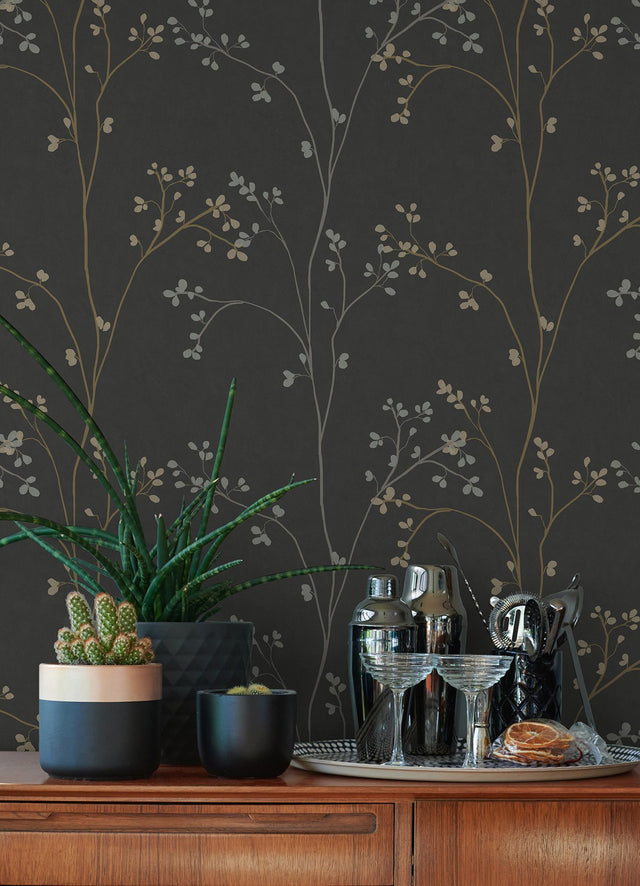 Blossom Stripe Black Peel & Stick Wallpaper with Floral Cherry Blossom Motif - York RMK12808PL