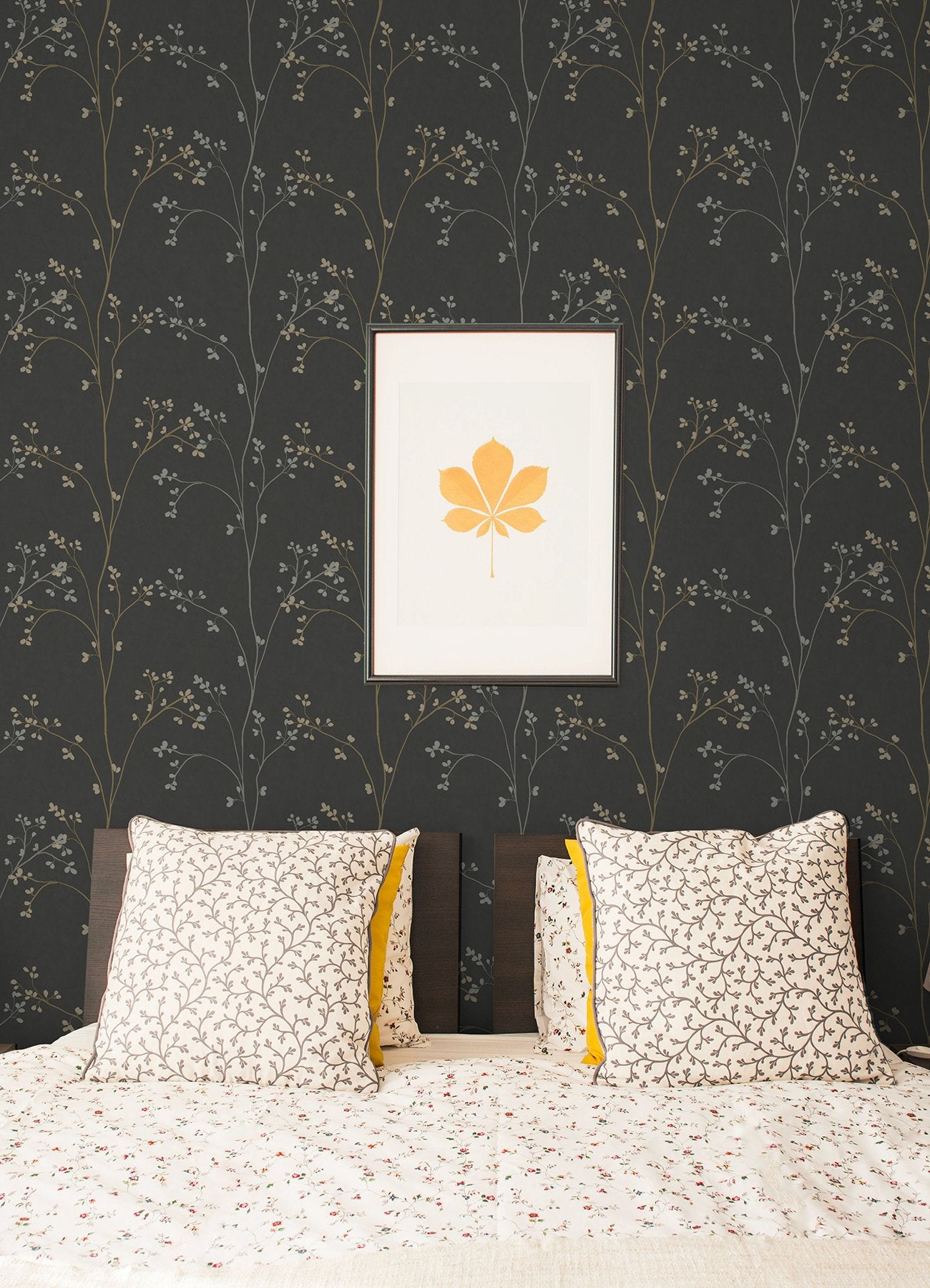 Blossom Stripe Black Peel & Stick Wallpaper with Floral Cherry Blossom Motif - York RMK12808PL