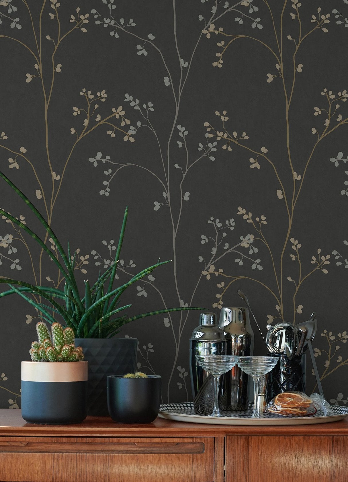 Blossom Stripe Black Peel & Stick Wallpaper with Floral Cherry Blossom Motif - York RMK12808PL SAMPLE