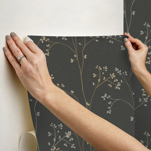 Blossom Stripe Black Peel & Stick Wallpaper with Floral Cherry Blossom Motif - York RMK12808PL