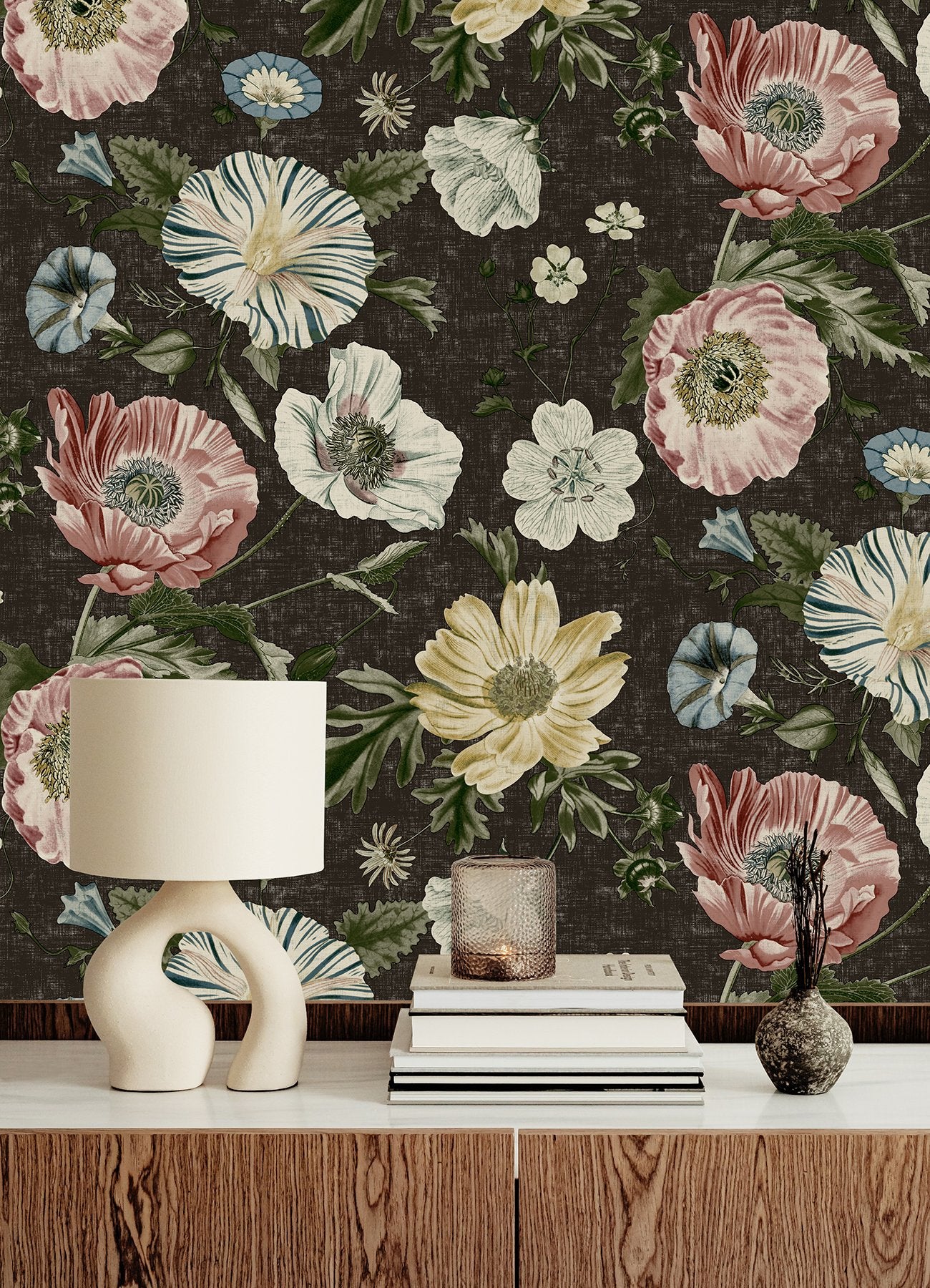 Vintage Poppy Black Peel & Stick Wallpaper with Floral Graphics - York RMK12810PL