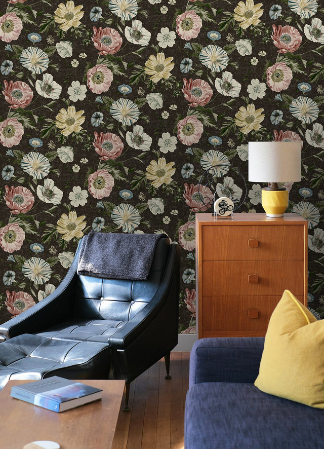 Vintage Poppy Black Peel & Stick Wallpaper with Floral Graphics - York RMK12810PL
