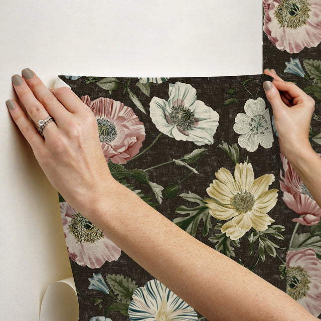 Vintage Poppy Black Peel & Stick Wallpaper with Floral Graphics - York RMK12810PL