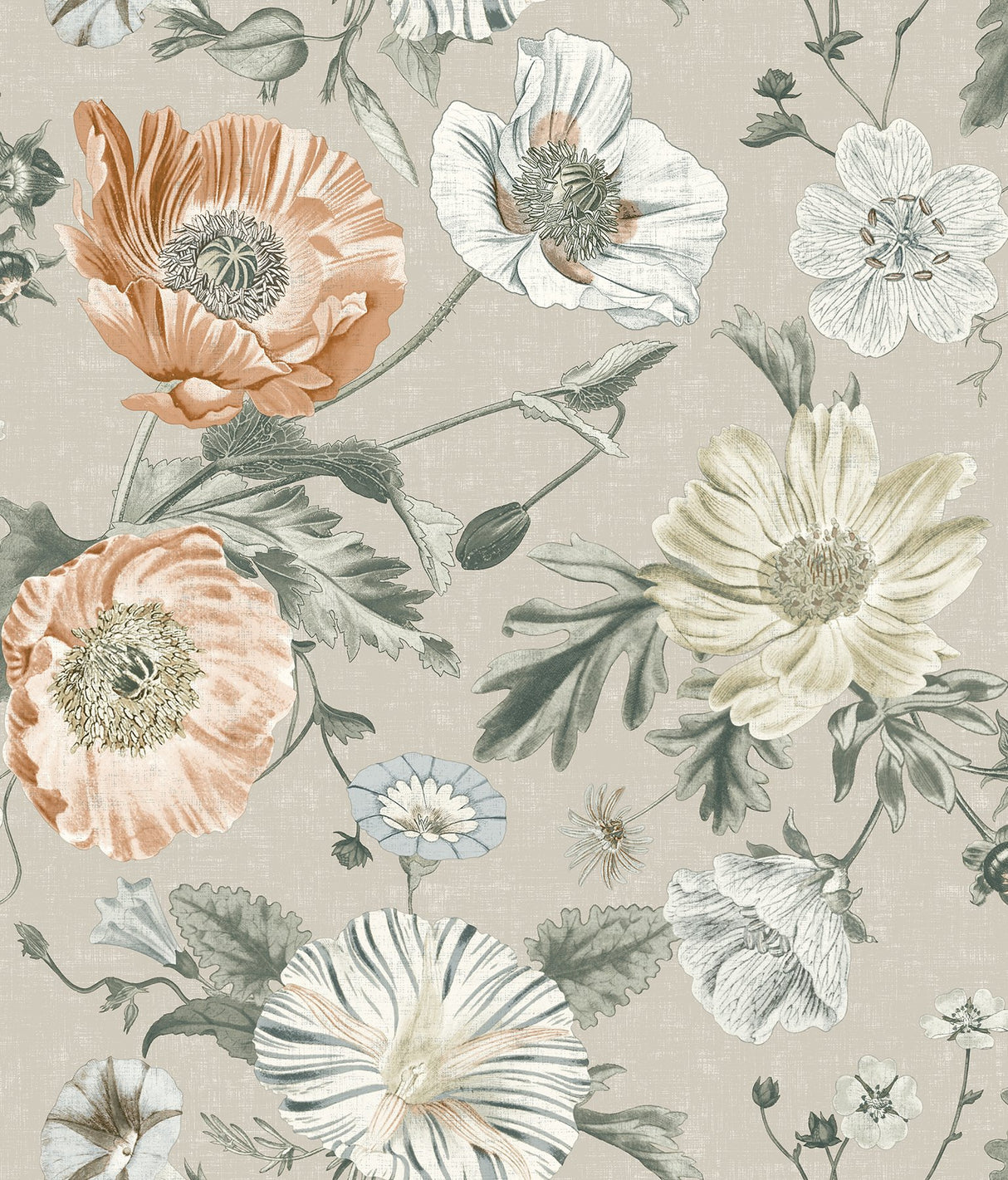 Vintage Poppy Orange Peel & Stick Wallpaper in Orange Floral on Linen Ground - York RMK12811PL