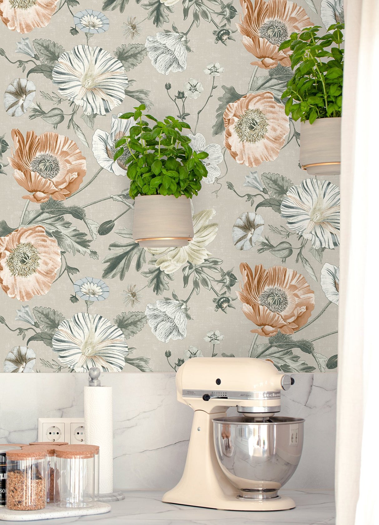 Vintage Poppy Orange Peel & Stick Wallpaper in Orange Floral on Linen Ground - York RMK12811PL
