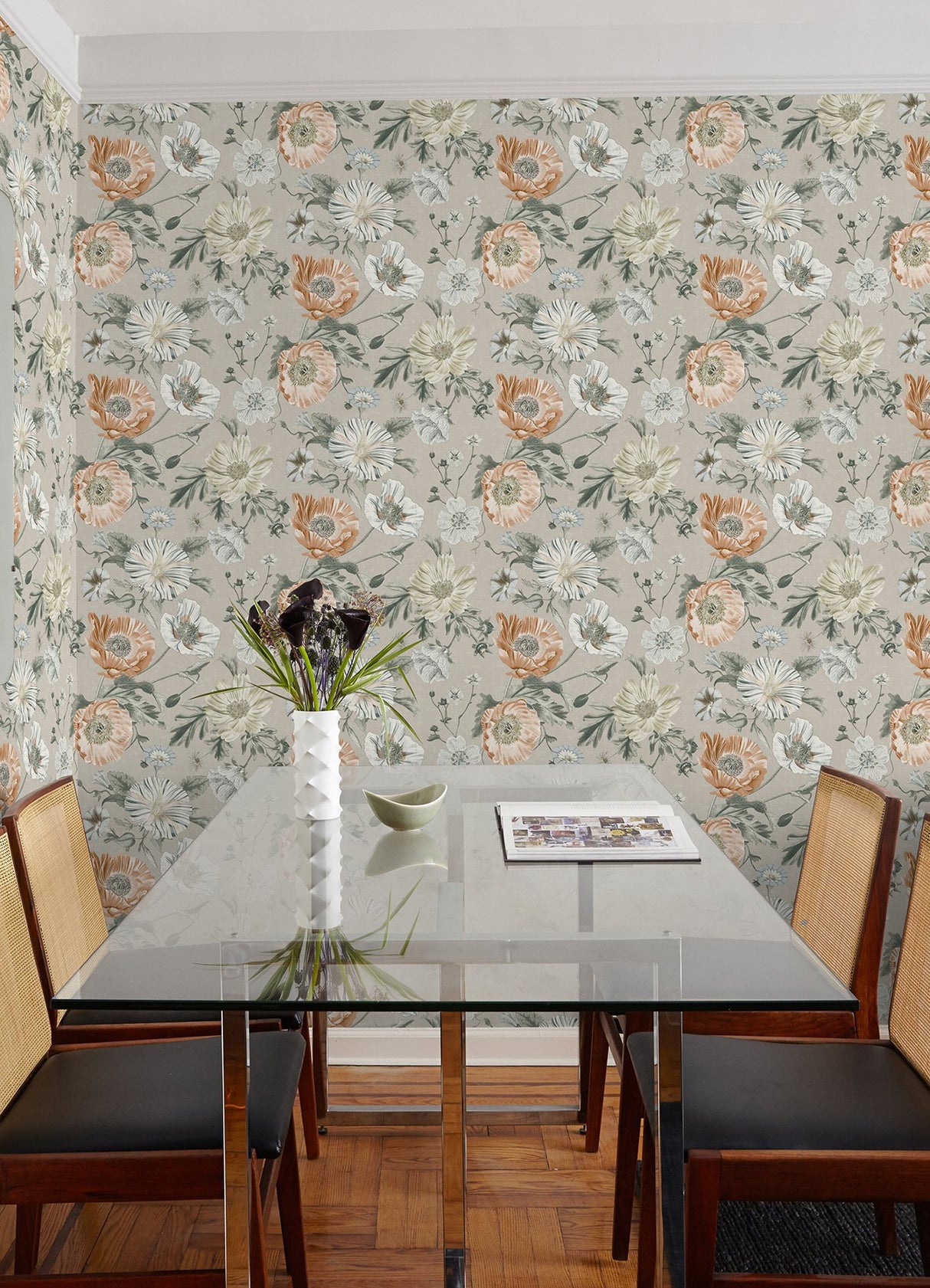 Vintage Poppy Orange Peel & Stick Wallpaper in Orange Floral on Linen Ground - York RMK12811PL