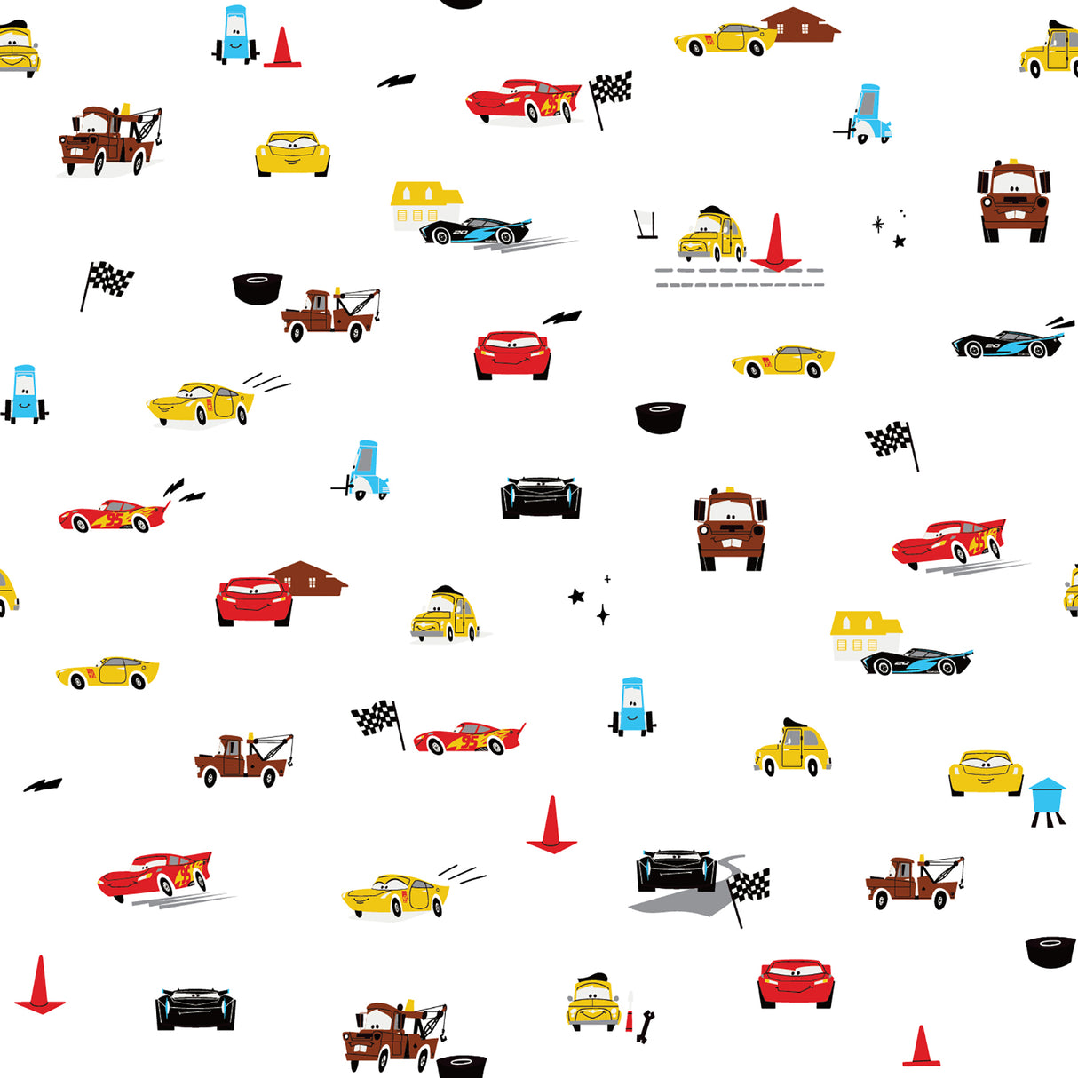 Disney & Pixar Cars Racing Peel & Stick Wallpaper featuring Lightning McQueen, Mater and more on a white background by RoomMates RMK12816PL