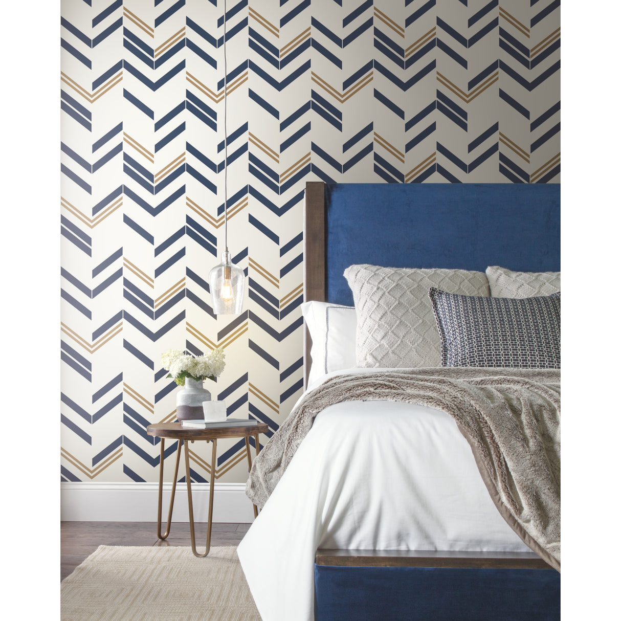 Chevron Stripe Blue by RoomMates Navy and Metallic Gold Peel and Stick Geometric Modern Stripe Washable Removable Wallpaper - RMK9002WP