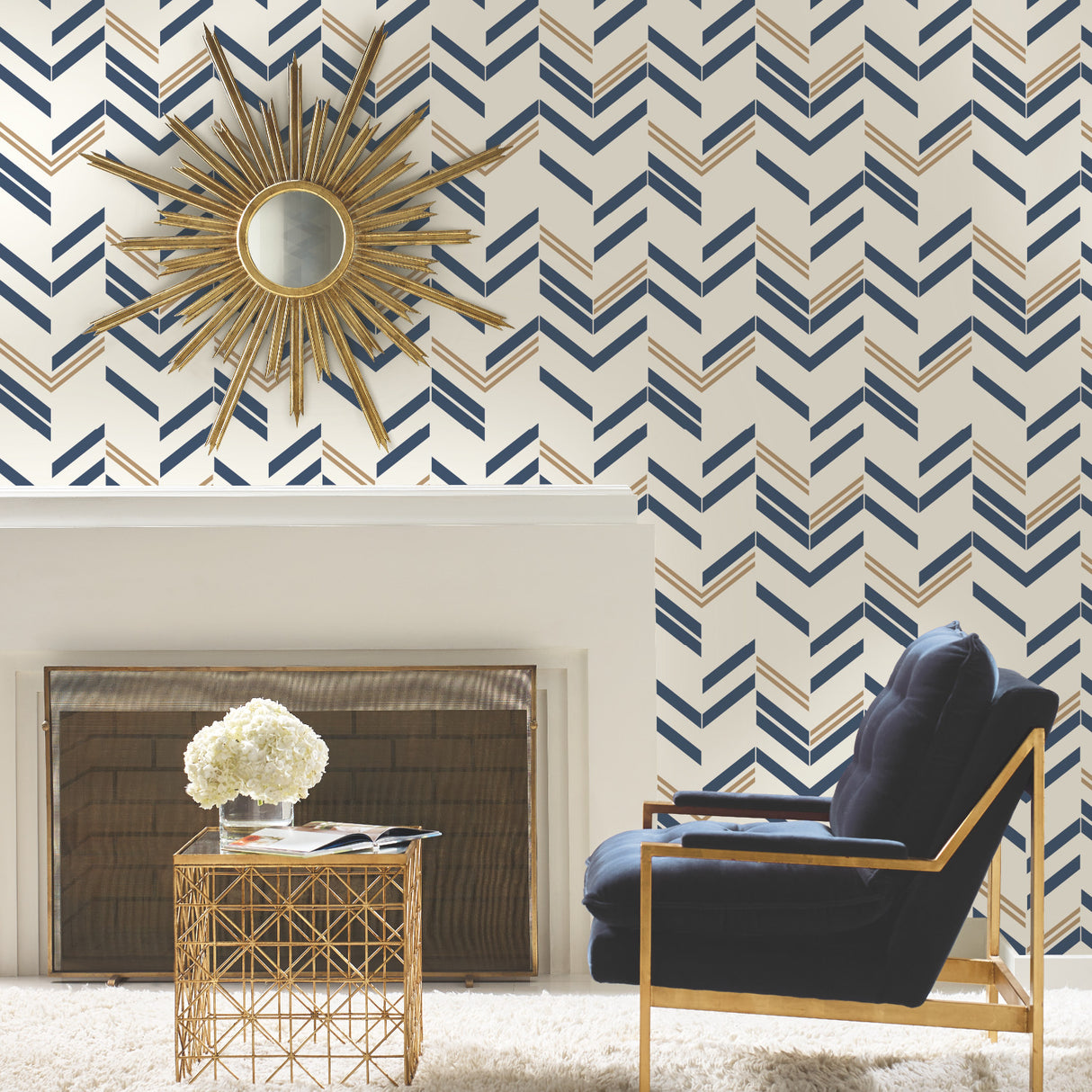 Chevron Stripe Blue by RoomMates Navy and Metallic Gold Peel and Stick Geometric Modern Stripe Washable Removable Wallpaper - RMK9002WP