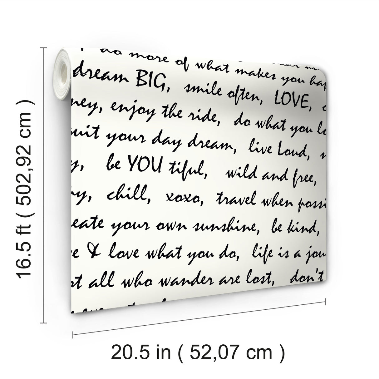 Dream Big Script Black by RoomMates Modern Inspirational Peel and Stick Removable Vinyl Wallpaper Roll 20.5 Inches x 16.5 Feet - RMK9005WP