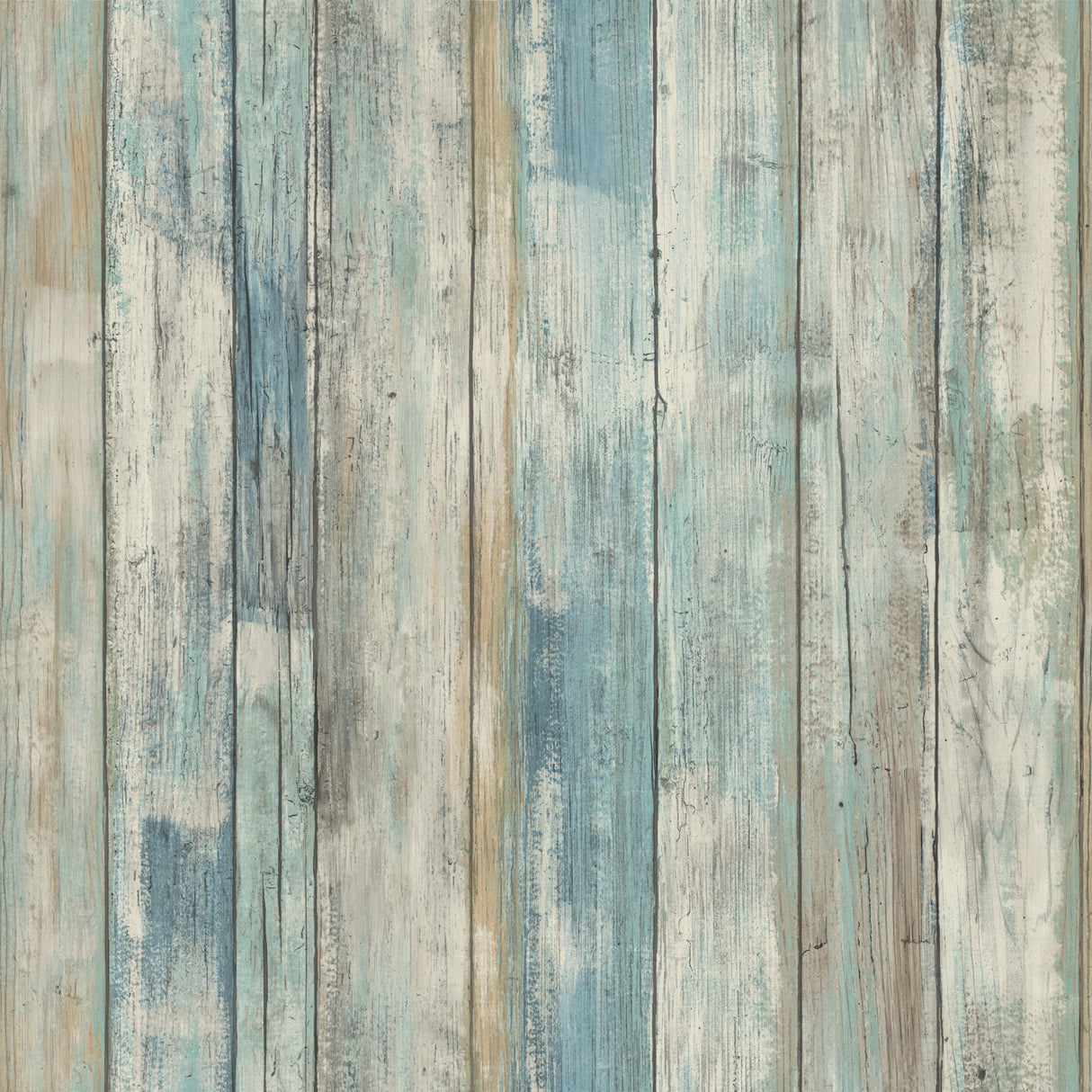 Distressed Wood Blue Peel and Stick Wallpaper by RoomMates RMK9052WPZ - Rustic Farmhouse Wood Plank Pattern in Blue and Neutral Tones