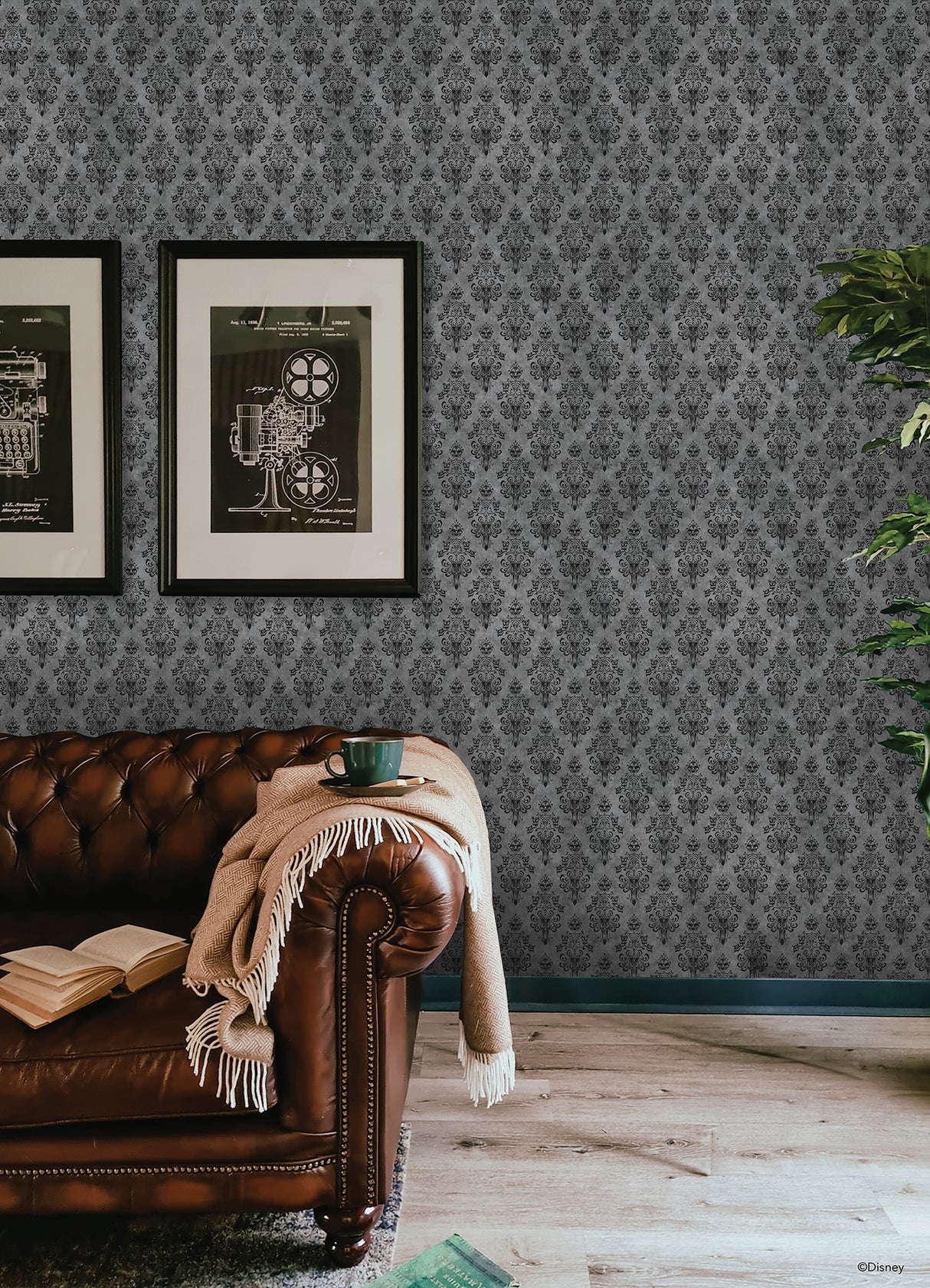 Disney Haunted Mansion Grey and Black Distressed Damask Pattern by RoomMates Officially Licensed Disney Peel and Stick Wallpaper - RMWS1220