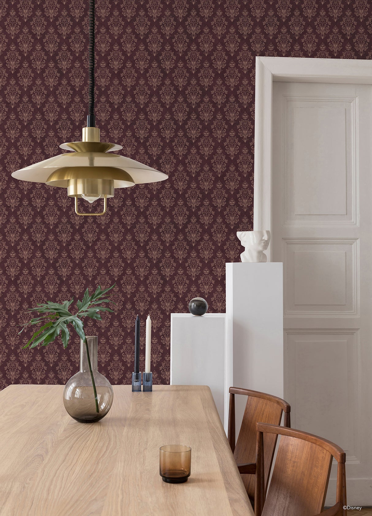 Officially Licensed Disney Haunted Mansion Maroon Distressed Damask Peel and Stick Wallpaper by RoomMates - RMWS1221