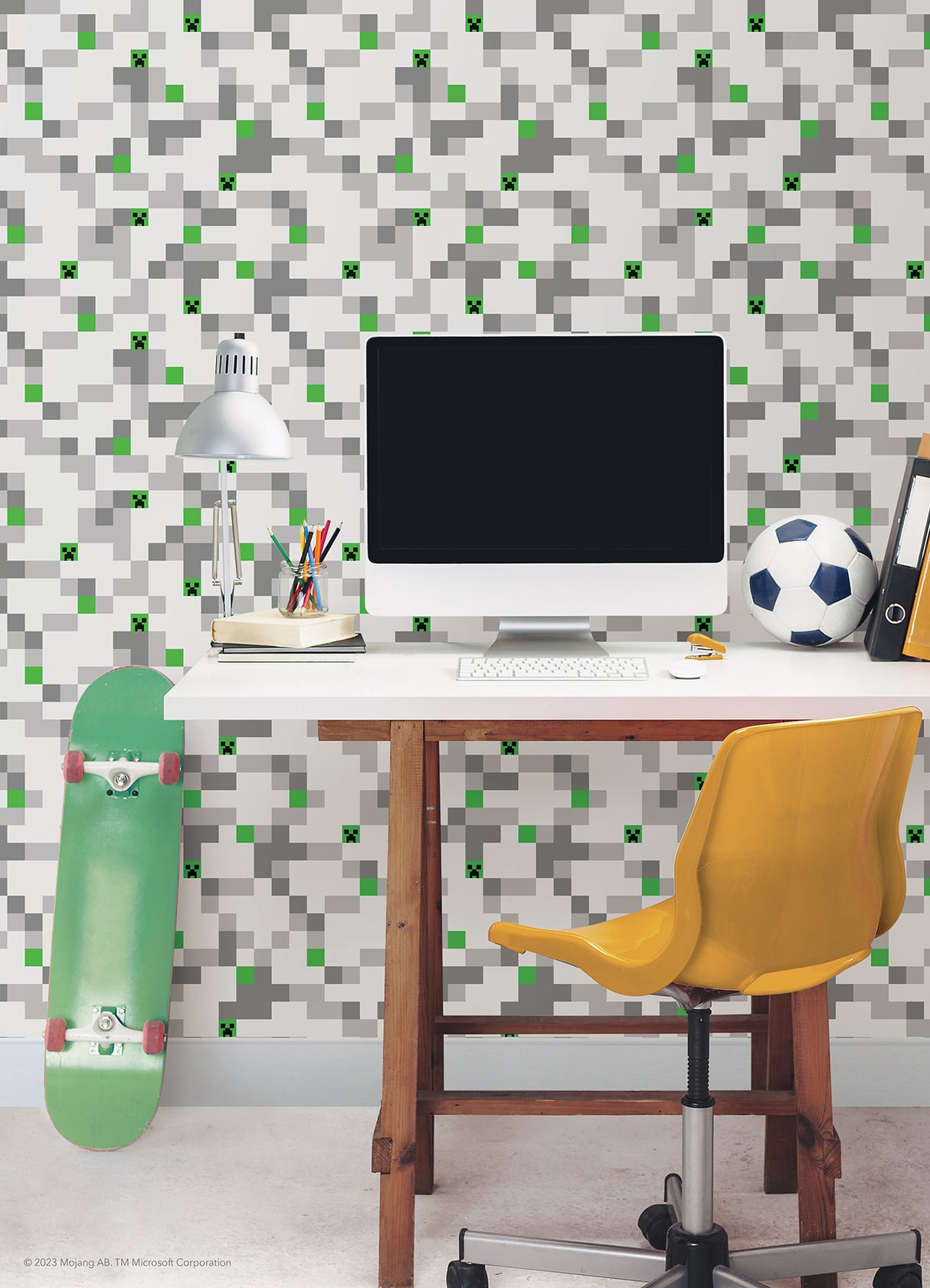 Minecraft Pixel Creeper Grey by RoomMates Officially Licensed Kids Gaming Room Peel and Stick Wallpaper Roll 20.5in x 18ft - RMWS1223
