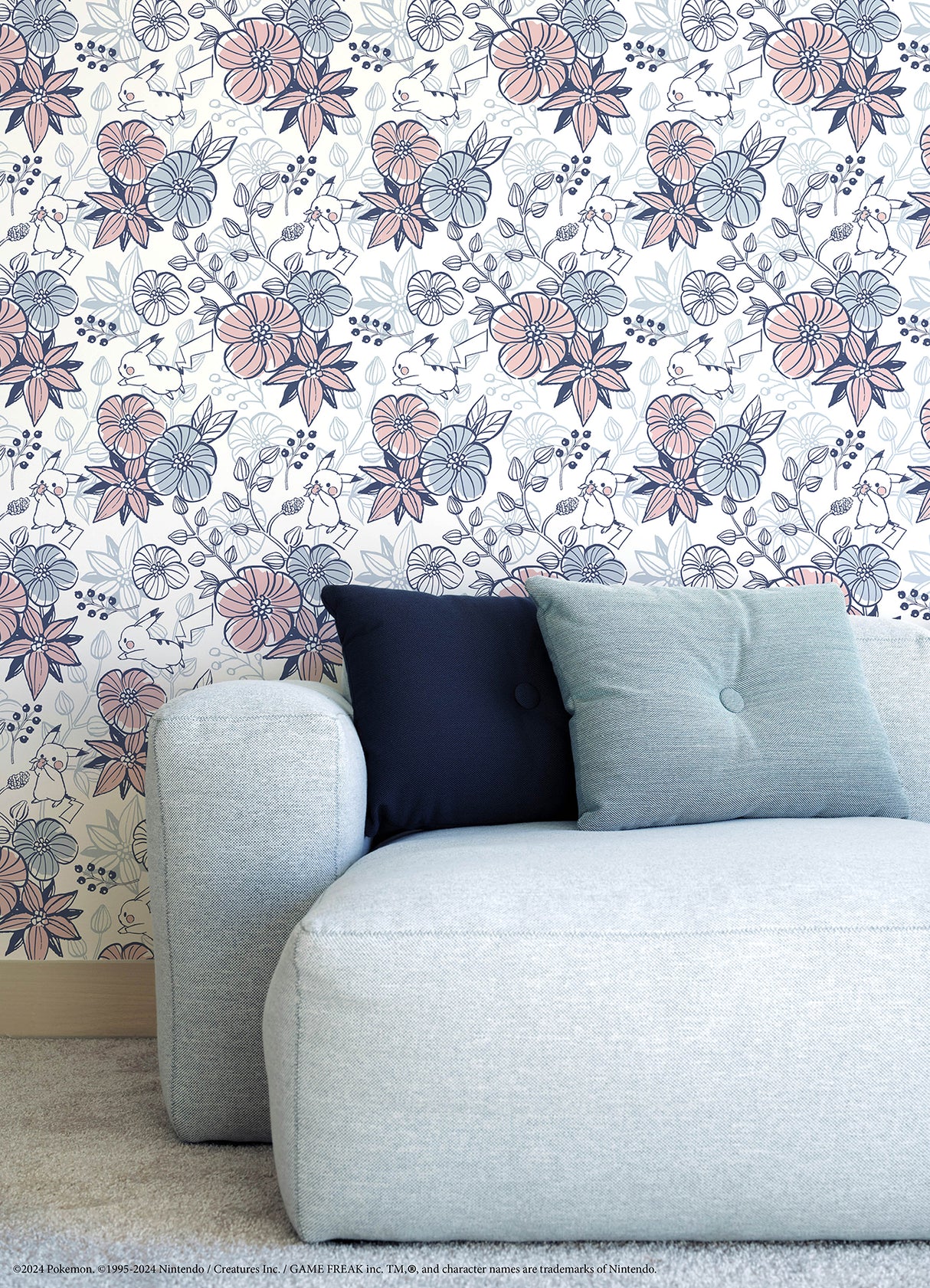 Pokémon Pikachu Floral Peel and Stick Wallpaper in Pink and Blue Botanical Pattern for Kids Rooms by RoomMates - RMWS1229