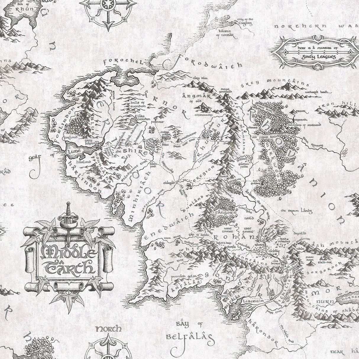 Lord of the Rings Black & White Middle Earth Map Peel & Stick Wallpaper by RoomMates - RMWS1232
