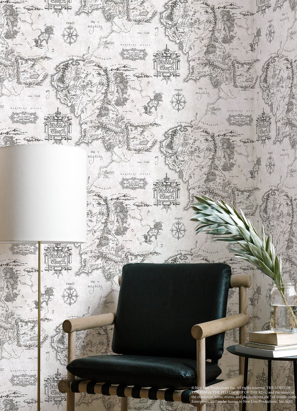 Lord of the Rings Middle Earth Map Black & White Officially Licensed Vintage Novelty Peel & Stick Wallpaper by RoomMates - RMWS1232