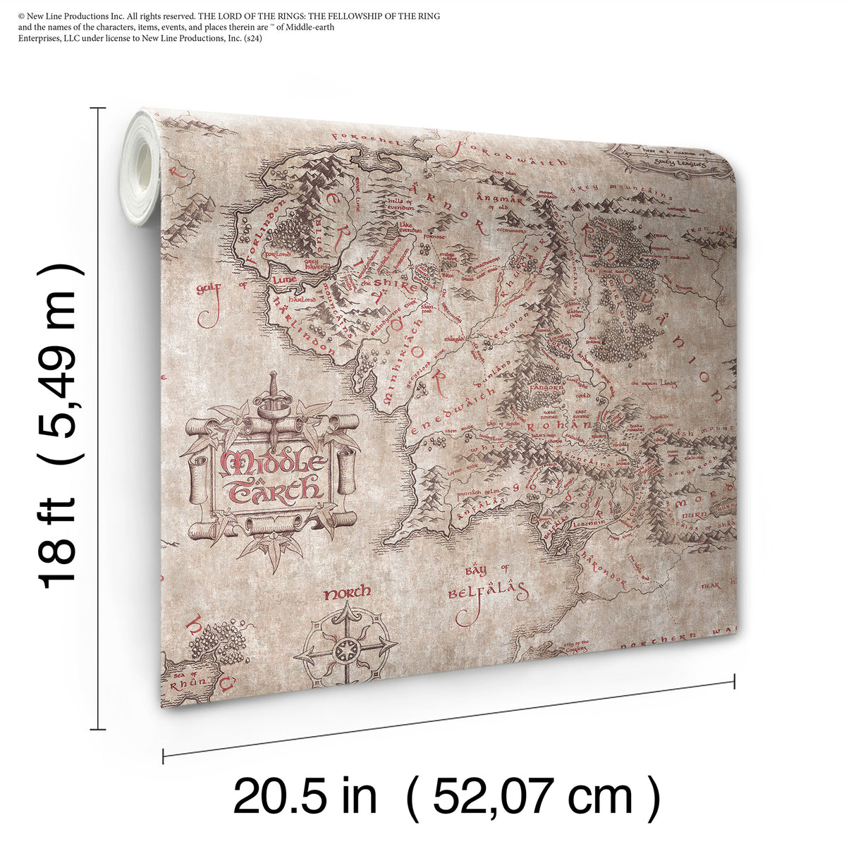 Lord of the Rings Middle Earth Map Parchment by RoomMates Officially Licensed Vintage Fantasy Peel and Stick Wallpaper Roll - RMWS1233