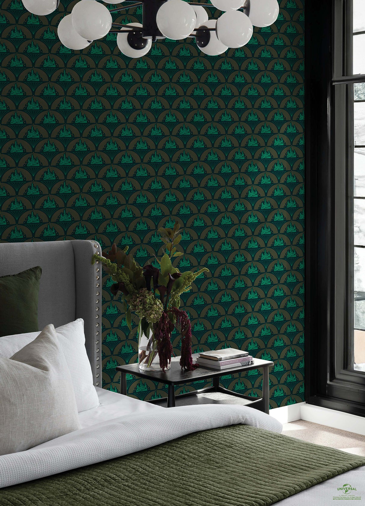 Wicked Emerald City Green and Gold by RoomMates Officially Licensed Art Deco Emerald City Fan Motif Peel and Stick Wallpaper - RMWS1234