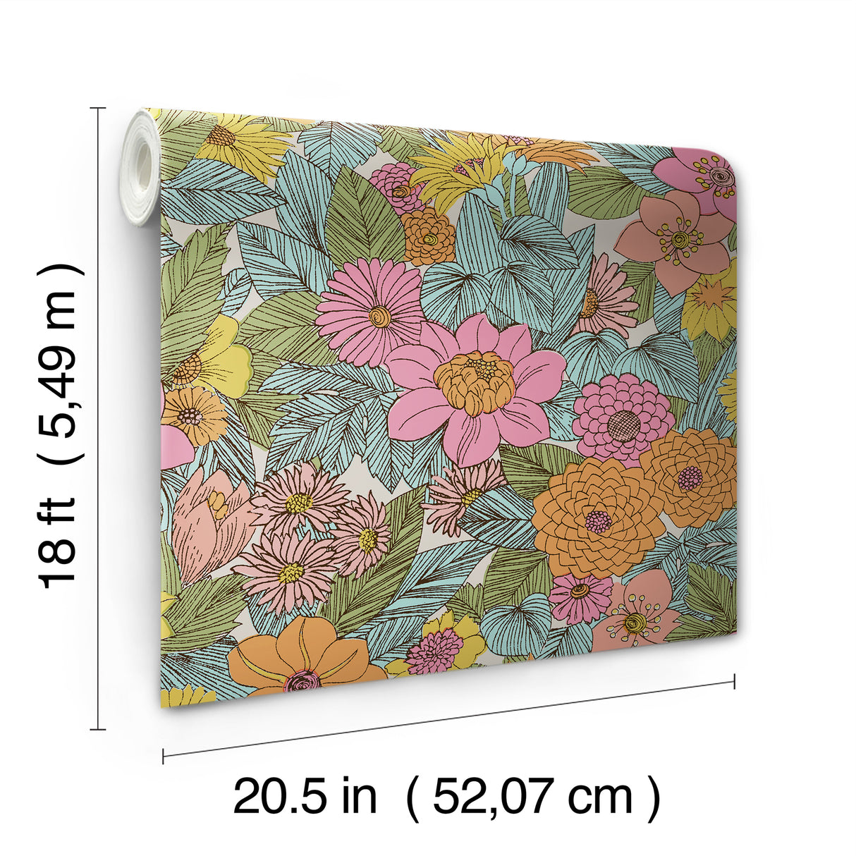 Retro Floral Pink and Aqua by RoomMates Decor Peel and Stick Fully Removable and Repositionable Vinyl Floral Wallpaper Roll 20.5in x 18ft - RMWS1237
