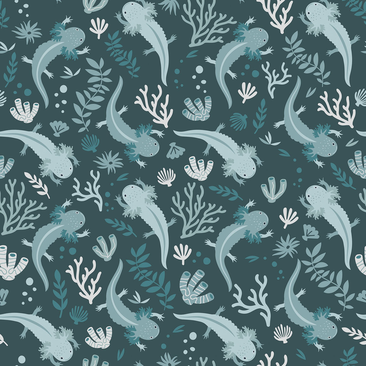 Axolotl Blue Underwater Garden Peel & Stick Wallpaper with Modern Animal Print Flowers Pattern - York RMWS1248
