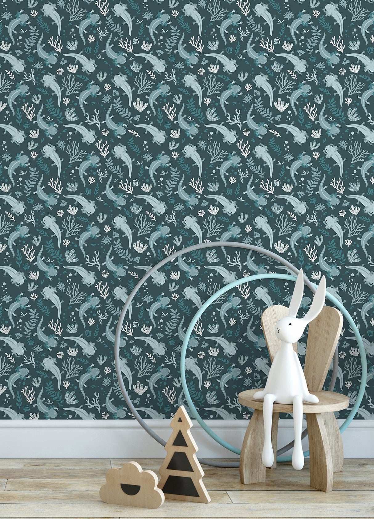 Axolotl Blue Underwater Garden Peel & Stick Wallpaper with Modern Animal Print Flowers Pattern - York RMWS1248