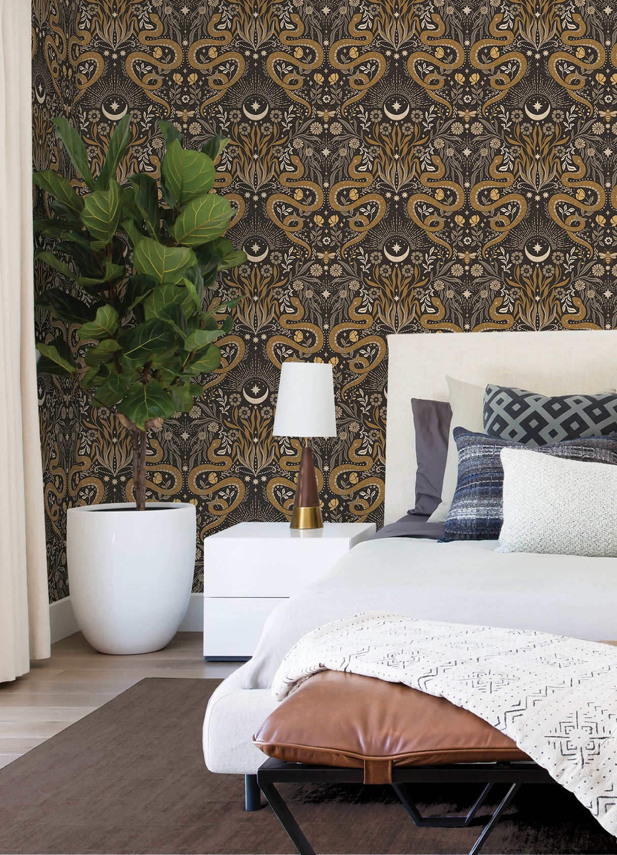 Mystic Serpent Black Gold by RoomMates Rebellious Gilded Serpent Damask Peel and Stick Wallpaper - RMWS1255