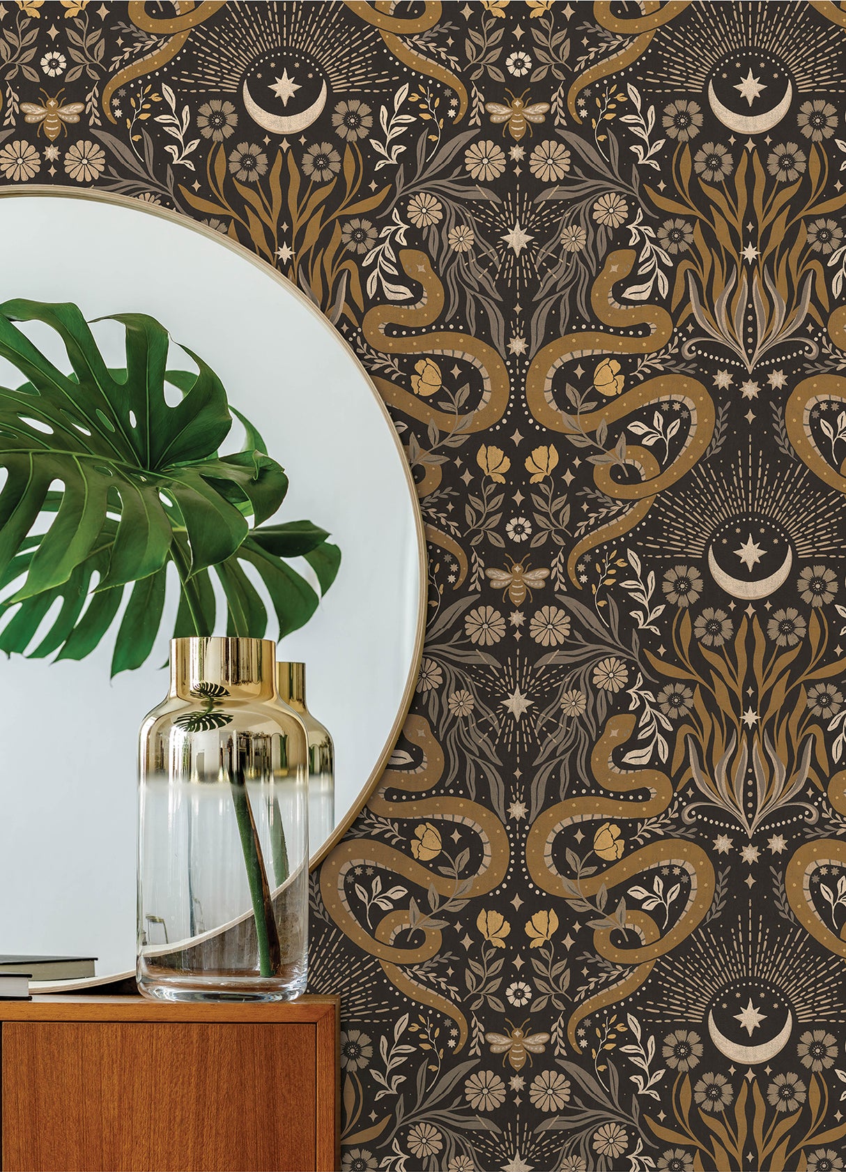 Mystic Serpent Black Gold by RoomMates Rebellious Gilded Serpent Damask Peel and Stick Wallpaper - RMWS1255