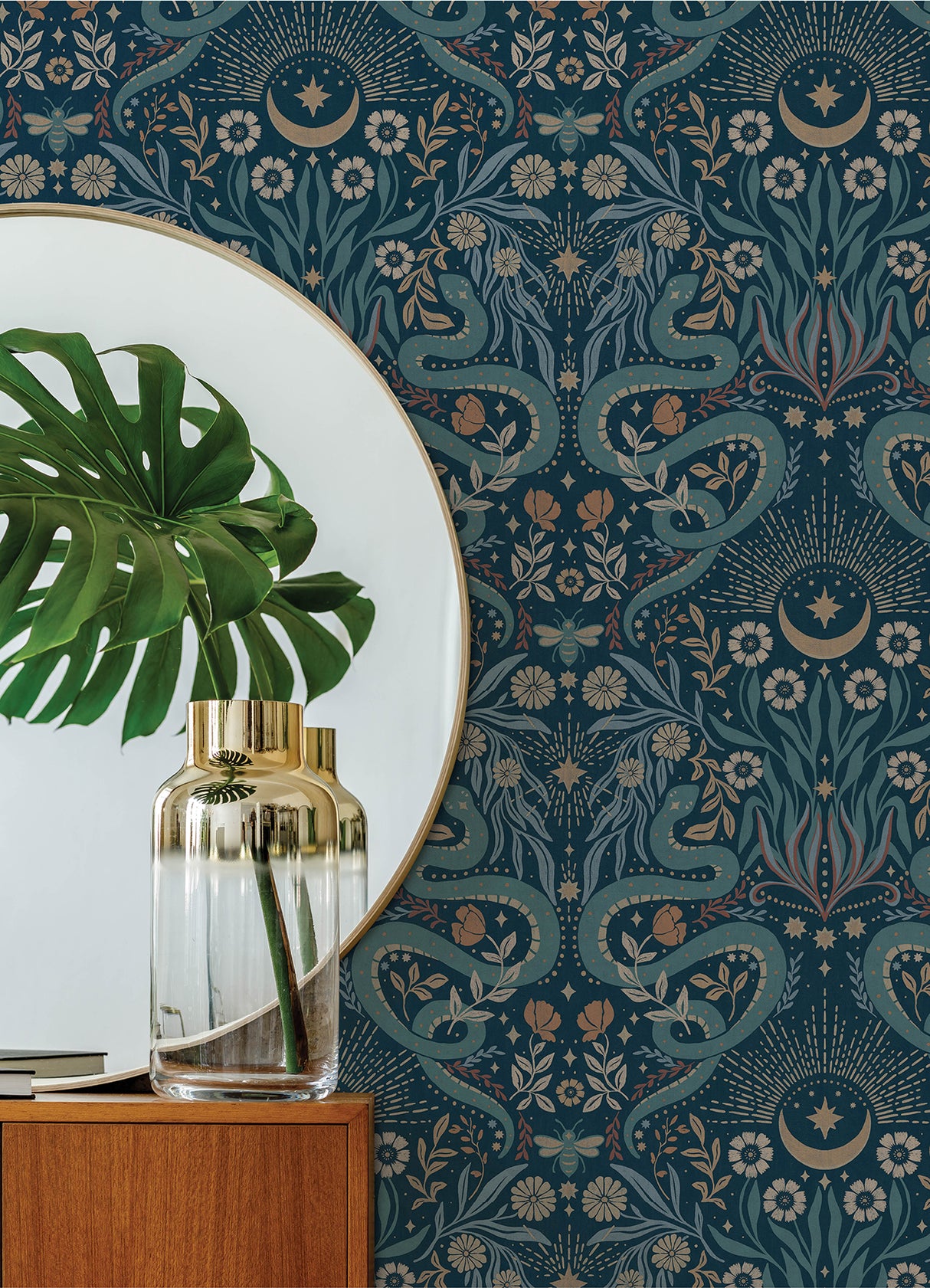 Mystic Serpent Navy by RoomMates Rebellious and Mystical Serpentine Damask Animal Print Peel and Stick Wallpaper for Modern Interiors - RMWS1257