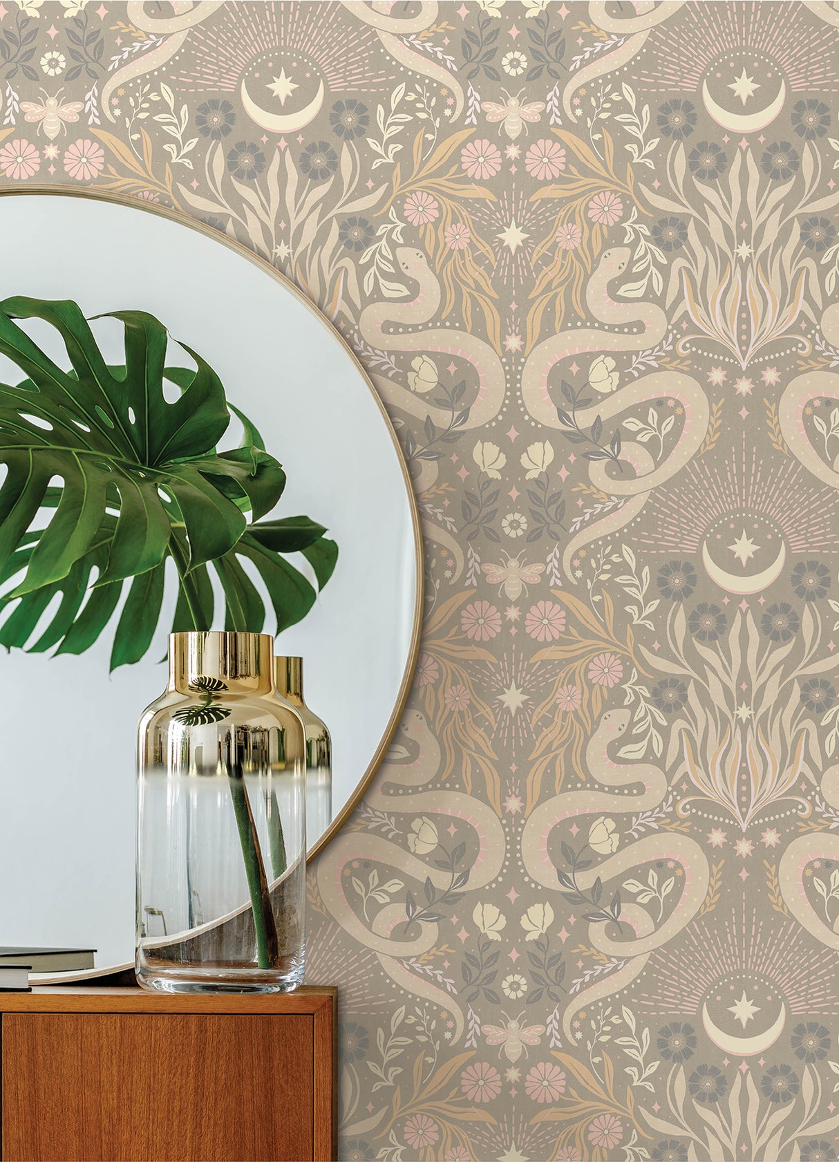 Mystic Serpent Taupe Peel and Stick Wallpaper by RoomMates Modern Serpentine Damask Botanical Removable Vinyl 20.5 In x 18 Ft RMWS1258