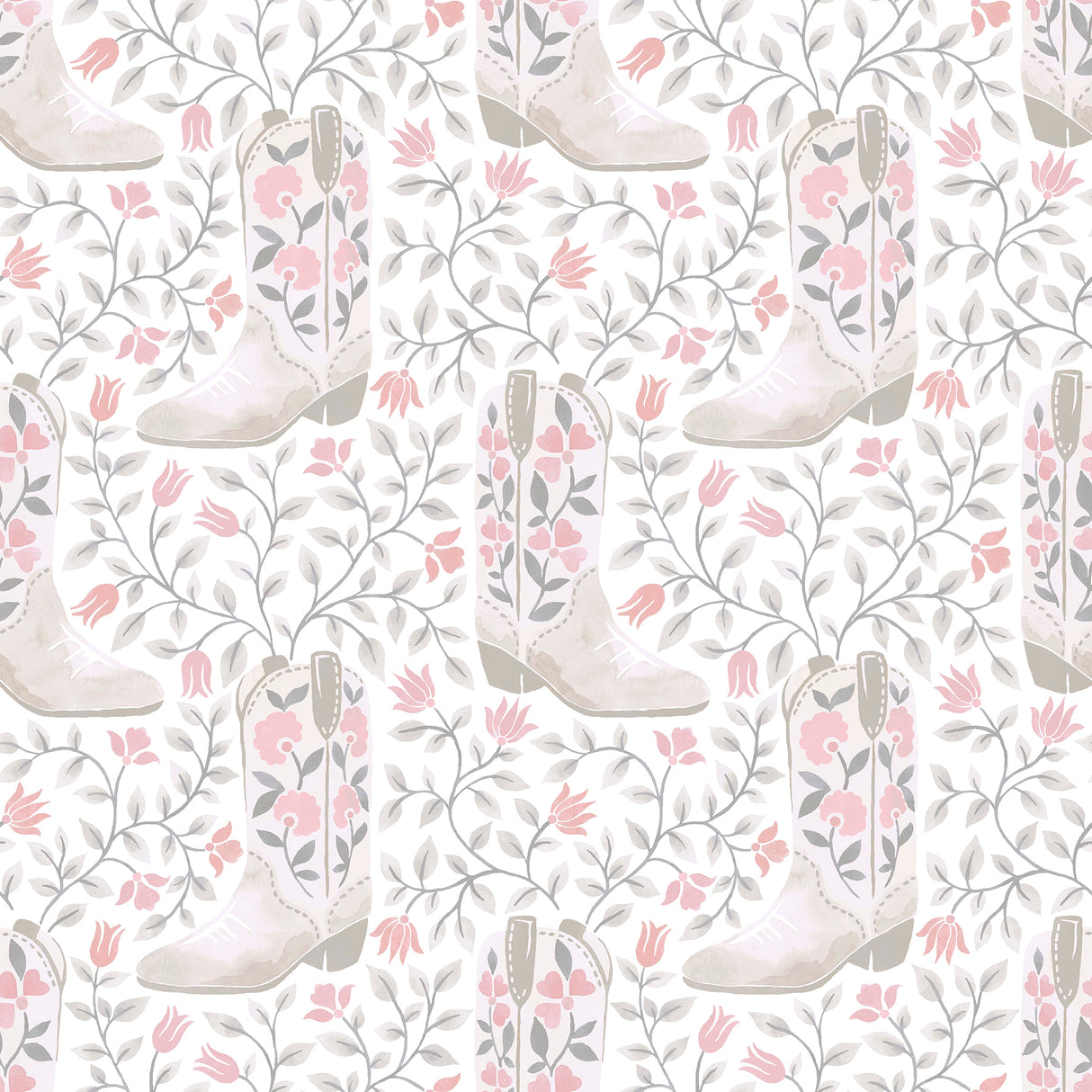 Cowgirl Like Me Pink Peel and Stick Wallpaper featuring pink and white floral cowboy boots by RoomMates - RMWS1259