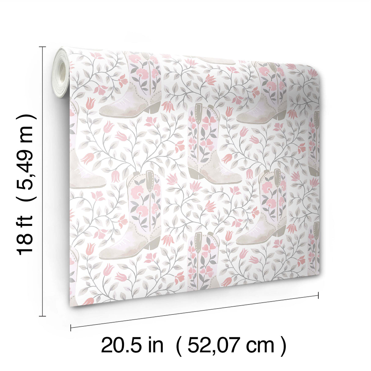 Cowgirl Like Me Pink by RoomMates Peel and Stick Pink and White Floral Cowboy Boot Country Style Botanical Fully Removable Vinyl Wallpaper - RMWS1259