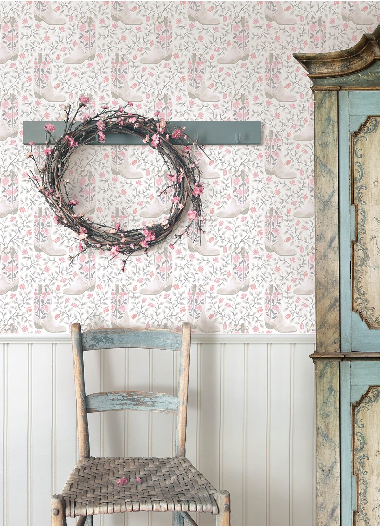 Cowgirl Like Me Pink by RoomMates Peel and Stick Pink and White Floral Cowboy Boot Country Style Botanical Fully Removable Vinyl Wallpaper - RMWS1259