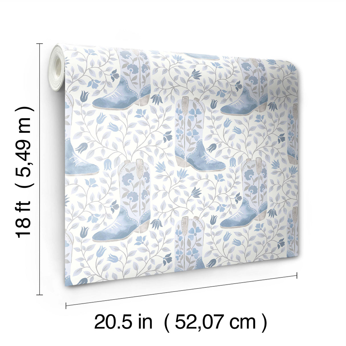 Cowgirl Like Me Blue by RoomMates Watercolor Cowboy Boots and Floral Botanical Vines Country Style Peel and Stick Wallpaper Roll - RMWS1260