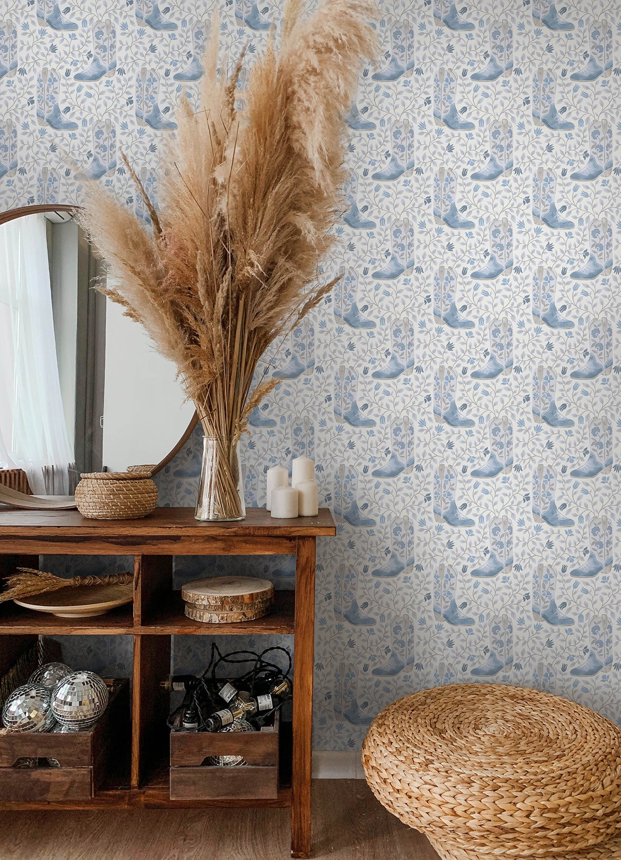 Cowgirl Like Me Blue by RoomMates Watercolor Cowboy Boots and Floral Botanical Vines Country Style Peel and Stick Wallpaper Roll - RMWS1260