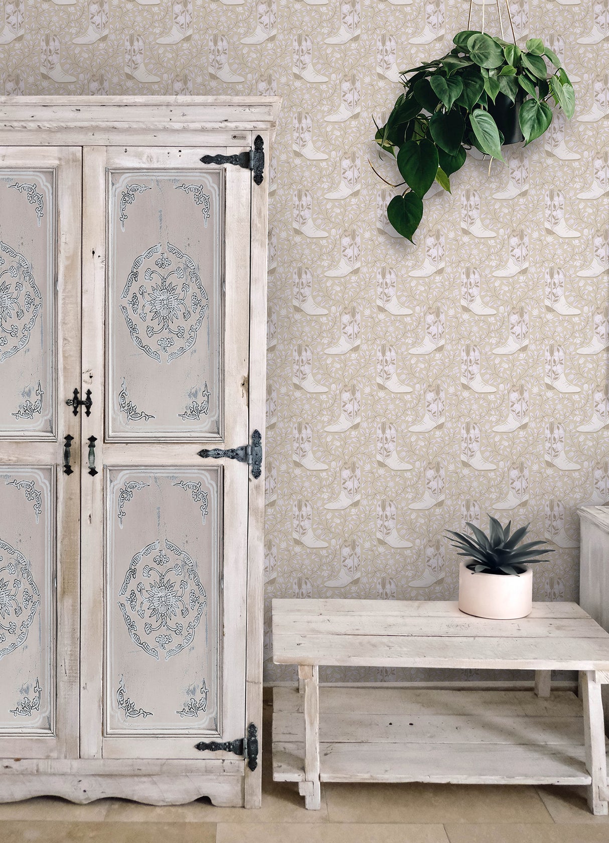 Cowgirl Like Me Beige Peel and Stick Wallpaper Featuring a Floral Cowboy Boot Country Chic Pattern in Neutral Tones by RoomMates - RMWS1261