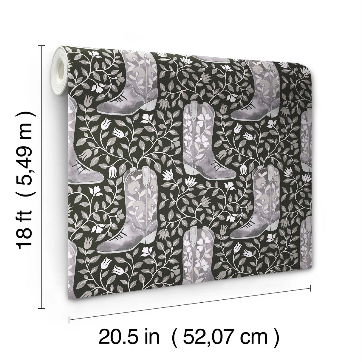 Cowgirl Like Me Black by RoomMates Peel and Stick Country Style Floral Embroidered Cowboy Boot Botanical Wallpaper Roll - RMWS1264