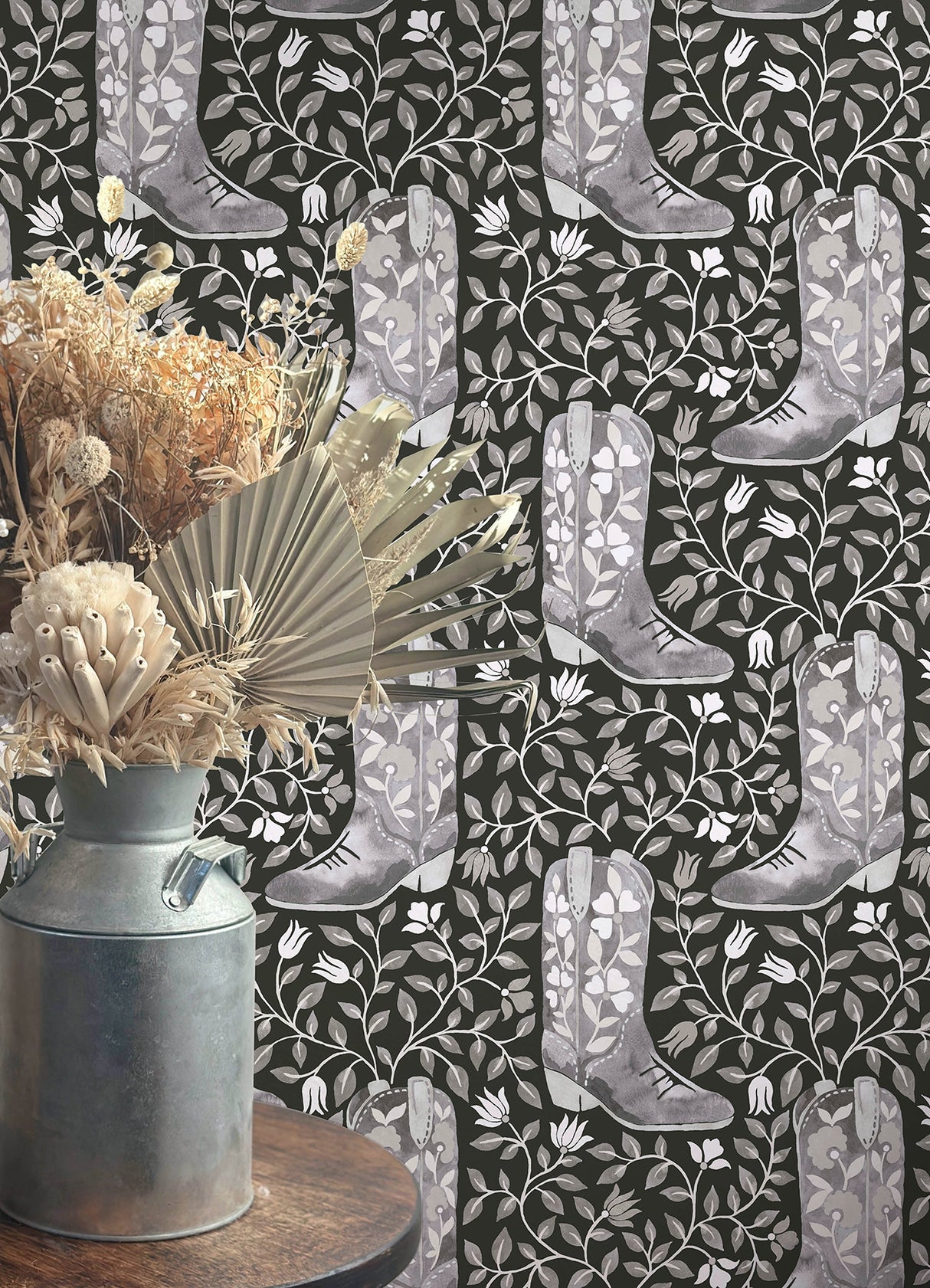 Cowgirl Like Me Black by RoomMates Peel and Stick Country Style Floral Embroidered Cowboy Boot Botanical Wallpaper Roll - RMWS1264